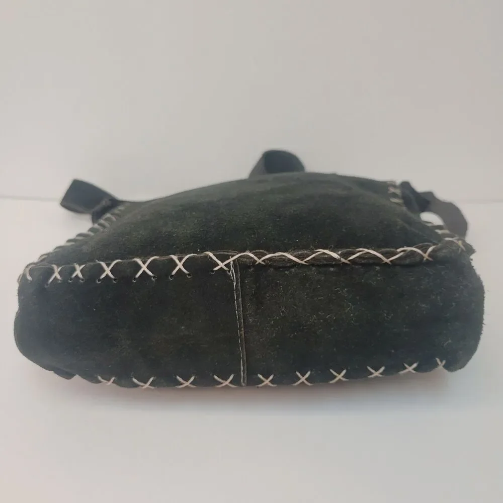 Black Suede Leather Crossbody Bag Yin Yang Handmade Boho Hippie Distressed